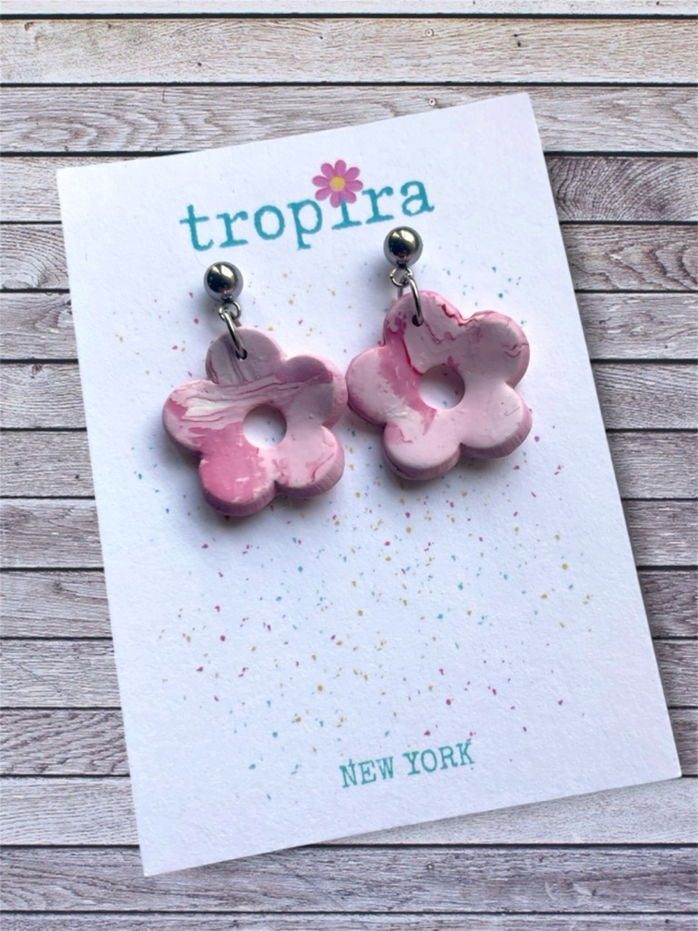 Tie Dye Style Pink Flower Drop Polymer Clay Earrings
